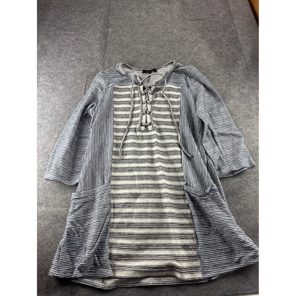 BCBGMAXAZRIA Blue White Striped Lace Up Tunic Top Cotton Knit Womens L Boho